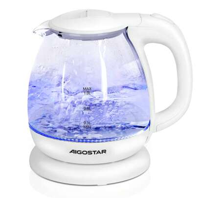 Aigostar Bollitore elettrico in vetro borosilicato con illuminazione a LED. 2200W, 1L, Bollitura Rapida, Bianco, Protezione da bollitura a secco