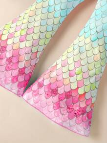 2pcs/Set Young Girl Casual Mermaid Sequin Print Short Sleeve Lightweight Knit Top And Flare Pants Set, Spring/Summer