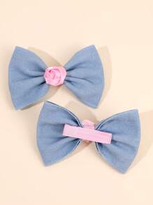 2 件装女童简约牛仔发夹粉红玫瑰蝴蝶结鳄鱼夹春假发夹简约可爱女童小辫蝴蝶结发夹儿童发饰