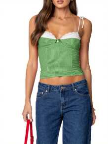 Women Summer Crop Camisole Casual Lace Trim Plaid Print Tie Up Strap Tank Tops Sleeveless T-Shirt For Club Streetwear - màu xanh lá - Xem 1
