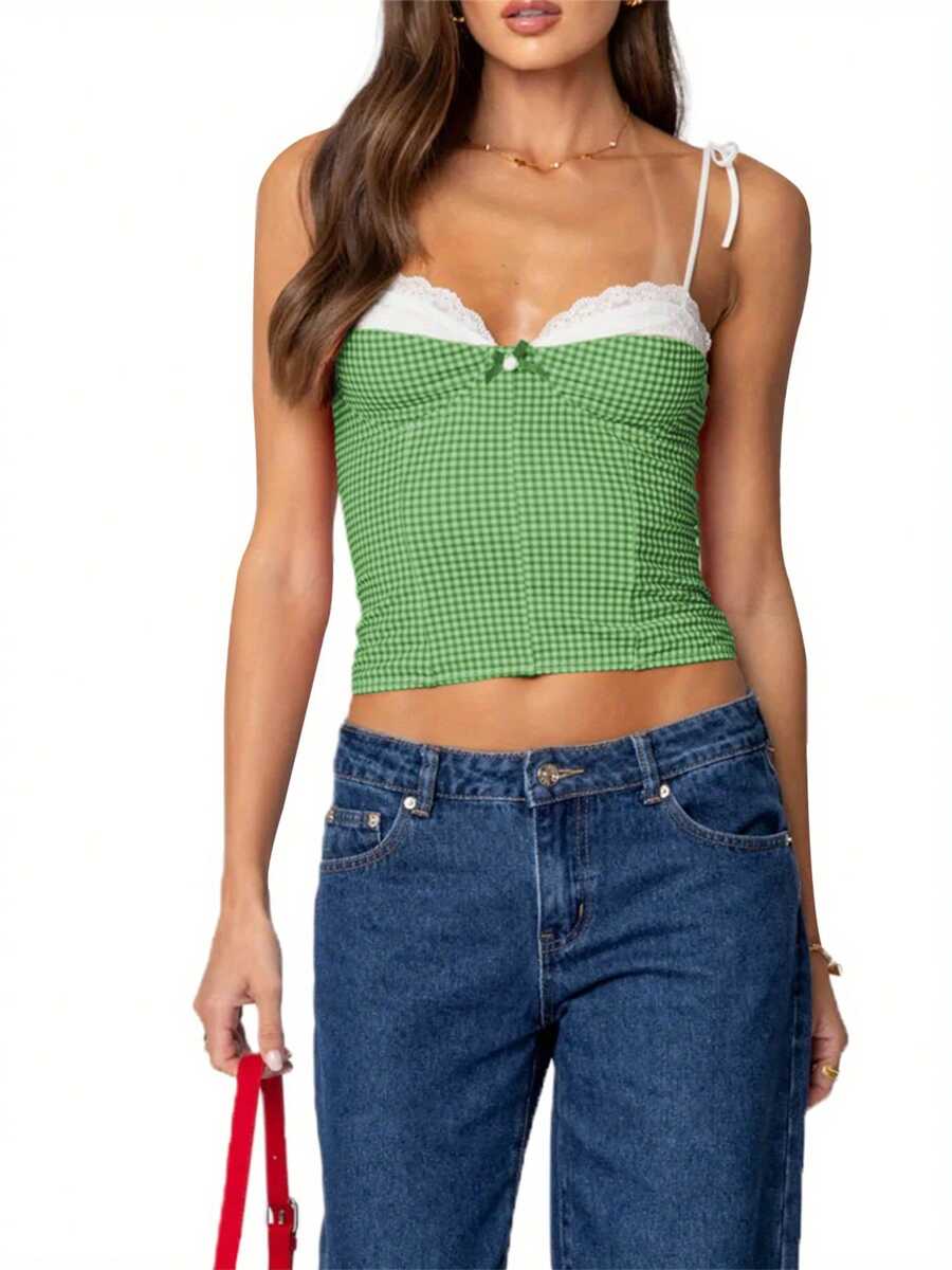 Women Summer Crop Camisole Casual Lace Trim Plaid Print Tie Up Strap Tank Tops Sleeveless T-Shirt For Club Streetwear - màu xanh lá - Xem 1