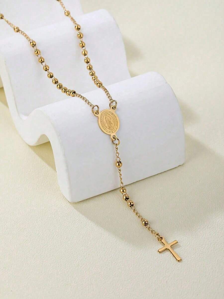 1pcs Religious Christian Stainless Steel Necklace Silver Women's Virgin Mary Jesus Cross Pendant Long Beaded Chain Fashion Jewelry
