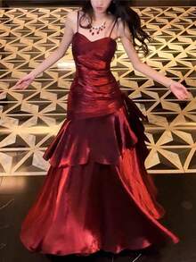 Burgundy Ruffle Hem Party Formal Dress, Shiny Red Concert Outfit, Elegant Spaghetti Strap Bridesmaid Wedding Birthday Homecoming Dress, Summer & Autumn