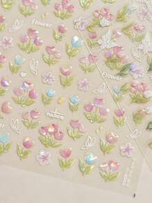 Tulip 5D Nails Stickers Spring Jelly Tulips Flower Butterfly Pink Blue Blossom Design Summer Nail Ornaments Nail Art Decorations