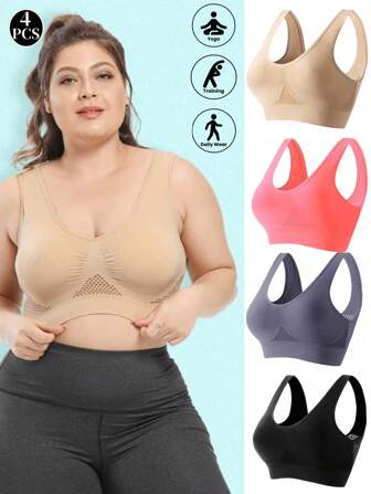 4 件套加大码女士镂空网眼运动胸罩，无线减震瑜伽跑步胸罩