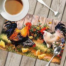 4 件套鸡场印花亚麻餐垫 - 100% 编织亚麻矩形桌垫，适用于餐厅、厨房 - 可洗、防滑、耐热餐垫，适用于咖啡桌、餐桌装饰
