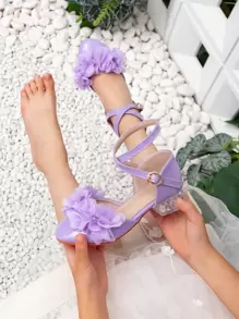 新款儿童高跟鞋，紫色丝绸花朵镂空交叉带公主鞋，透明高跟女童高跟鞋 - 紫色 - 查看 1
