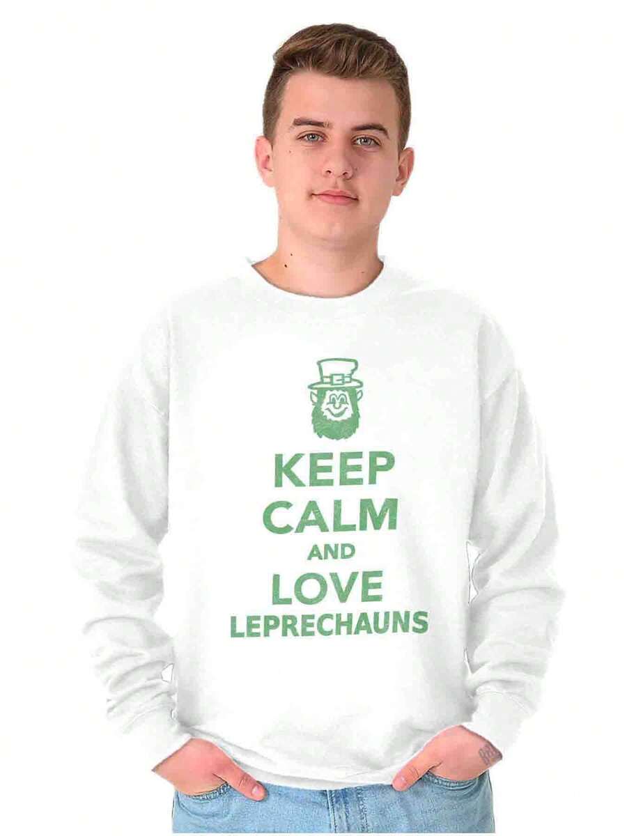 St Patrick's Day Graphic Fleece Lined Crewneck Pullover Sweatshirt Saint Paddy's Day Funny Sarcastic Keep Calm And Love Leprechauns Casual Everyday Cotton Printed Thermal Lined Jumper - 白色 - 查看 1