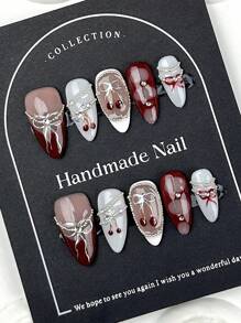 10Pcs/Pack European & American Style Almond Shaped Handpainted Cherry Bow Sexy Y2K Chic Girls Vibes Nail Art Suit For Ladies & Girls, Premium Elegant Press On Nails Nail Supplies Nails - Multicolor - View 2