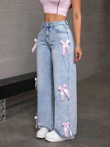 Women's Loose Fit Casual Denim Pants With Bowknot Decorated Pockets - Màu xanh nhạt - Xem 2