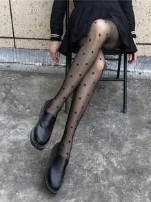 女士黑色爱心印花时尚超薄连裤袜，适合夏季通勤外出 - 黑色 - 查看 6