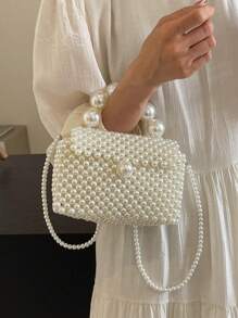 حقيبة يد أنيقة مصنوعة يدويًا من قماش مخرز باللؤلؤ، موضة كلاسيكية جديدة، حقيبة كتف وعبر الجسم مع سلسلة لؤلؤية، مناسبة للخروج والتواريخ وحفلات الموسيقى والعشاء والرقص