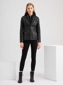 女式休闲连帽拉链皮夹克，带可拆卸兜帽，仿皮外套