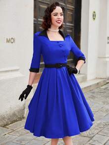 MUXXN Vintage Elegant Button Patchwork Square Collar Midi A-Line Cocktail Party Dress - Royal Blue - View 5