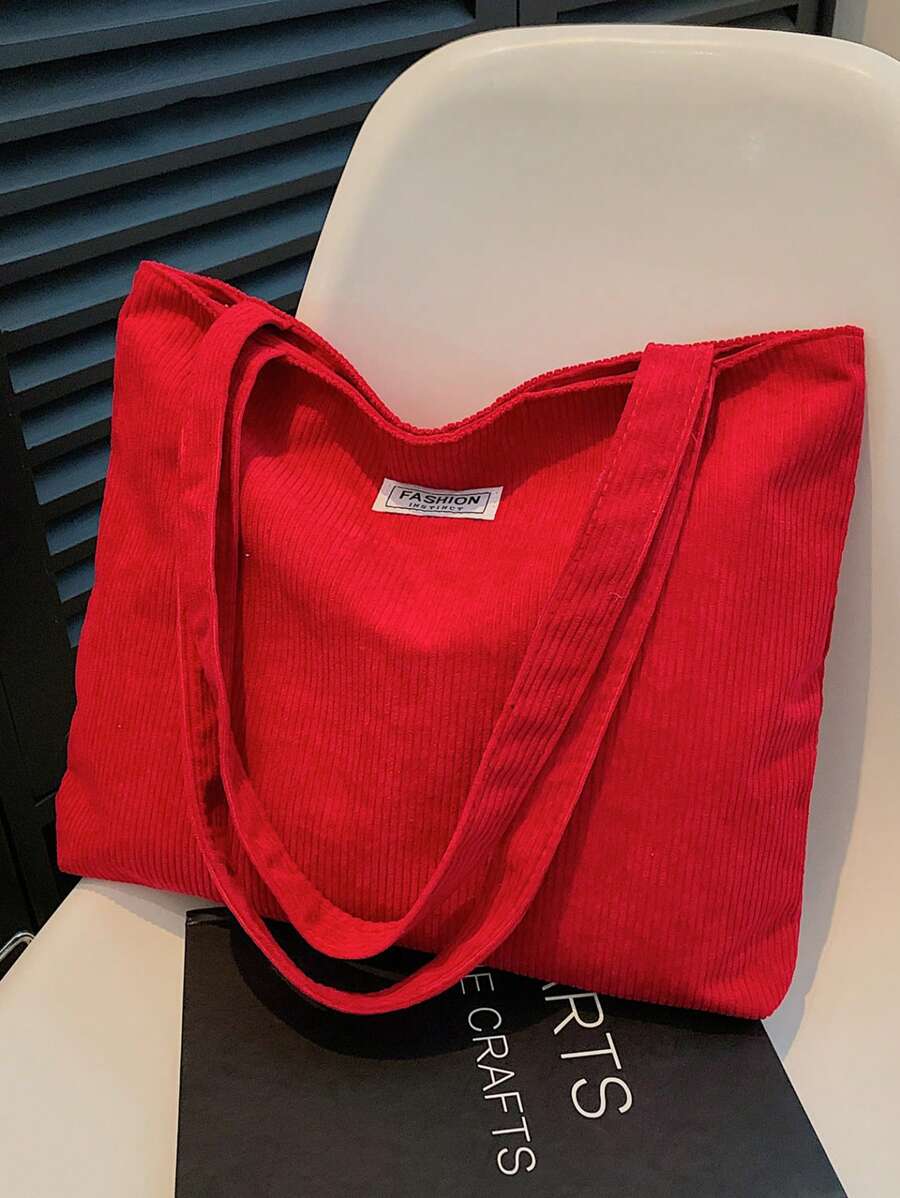 Corduroy Solid Color Shoulder Tote Bag, Suitable For Women's Daily Use - Burgundy - View 1