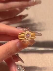 小众设计，复古鸽子蛋戒指，女款拉丝珠闪耀水钻宽面，拉丝戒指，小众时尚设计，百搭戒指，时尚高级感，优雅手链，女士日常派对配饰，时尚首饰，闺蜜礼物 - 金色 - 查看 10