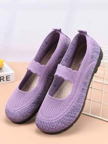 Women's Summer New Mesh Breathable Flat Shoes, Spring Autumn Casual Slip-On Knitted Fabric Shoes, Lightweight Non-Slip Soft Bottom Comfortable - Violet Purple - View 3