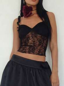 Women's Summer Fashion Cami Tops Black Sleeveless Open Back Lace Floral Cropped Vest - Black - View 2