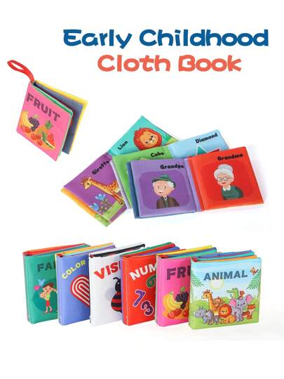 6pcs Soft Cloth Books, Unrippable Cognitive Cloth Books With Fruit, Animal, Number, Shape, Family Patterns, Promote Early Learning And Cognitive Development, Easter/Birthday Gift, Carnival/Children's Day Party Favor, Infant Sensory Books, Cognitive Books