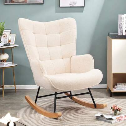 Chaise à bascule en tissu peluche doux avec accoudoirs et dossiers, chaise rembourrée décontractée, mobilier de mode moderne pour salon, chambre à coucher, beige