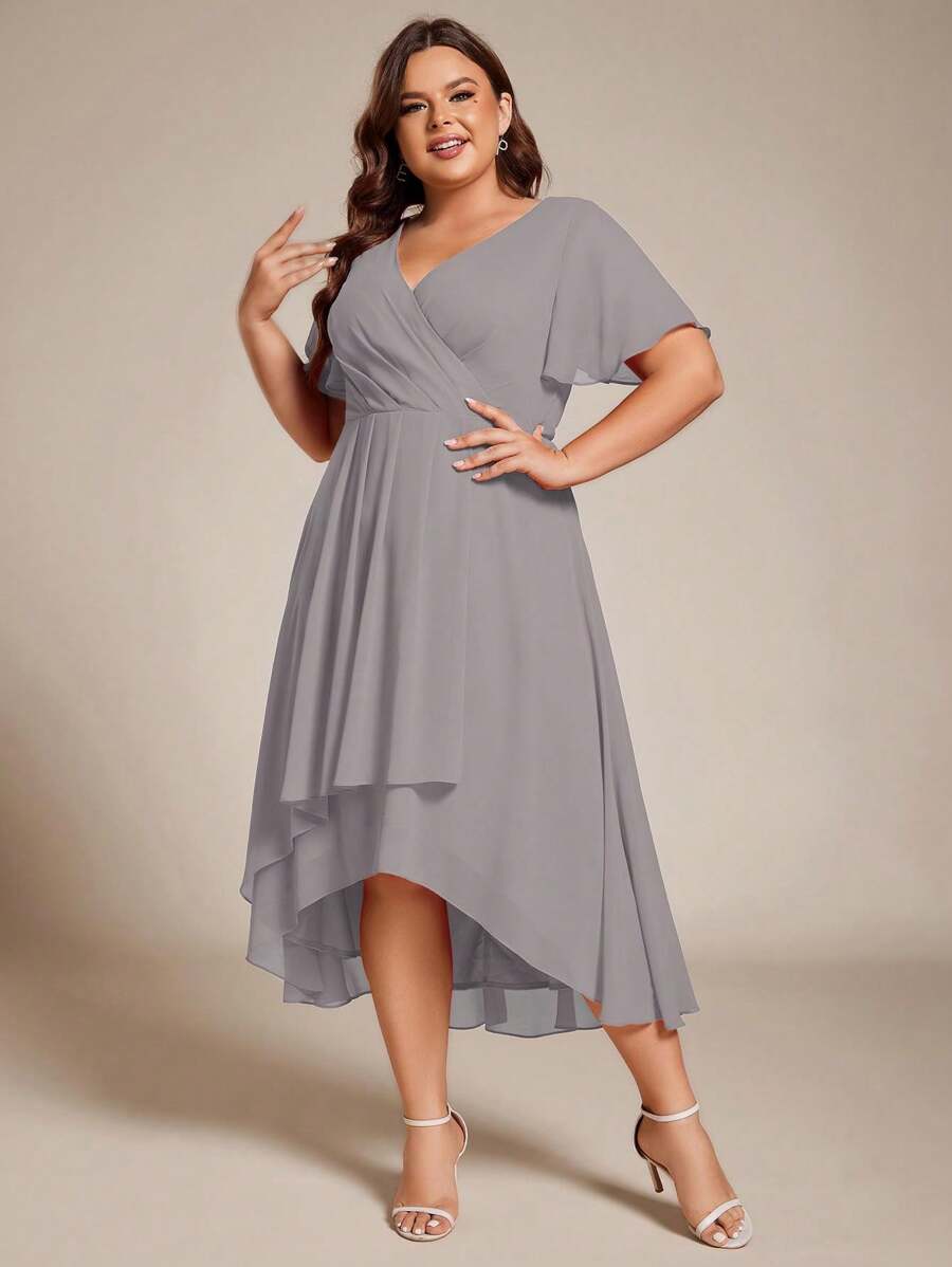 Plus Size Women Chiffon Ruffle Hem Solid Color Elegant High-Low Bridesmaid Dress