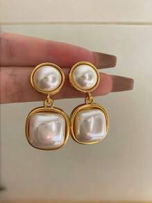 一对金色优雅珍珠几何水滴耳环，高端法式风格耳环，适合女士参加派对、婚礼、送礼、日常佩戴 - 彩色 - 查看 1