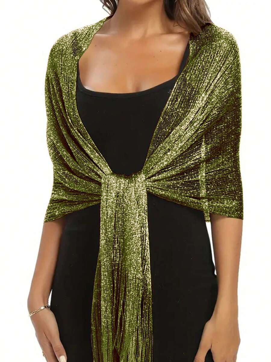 橄榄绿色闪亮金属披肩配圆扣优雅透气流苏围巾女士派对宴会礼服外披肩 - 橄欖綠 - 查看 1