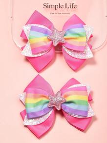 2pcs Digital Print Rainbow Glitter Bow Hair Clips, Suitable For Daily Outfits, Festival, Prom, Valentine's Day, Back To School And Graduation Occasions
