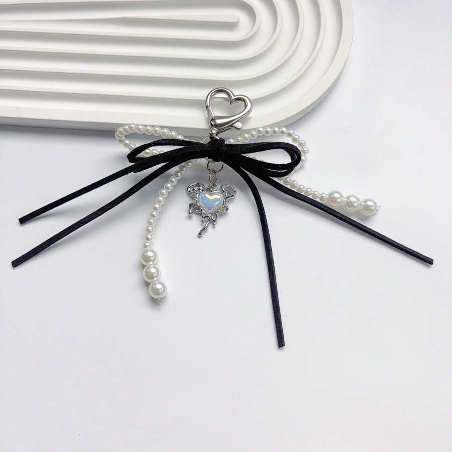 心形钥匙扣 - 手工打结设计，配蝴蝶结吊坠合金材料 - 适用于包包和背包配件伴娘礼物蝴蝶结 Y2K 配件 - 黑色 - 查看 1