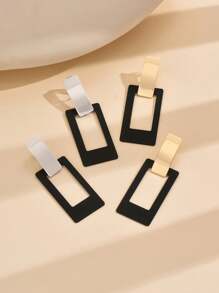 2pcs Black Geometric Square Metal Clip-On Earrings For Women, Long Piercing-Free Casual Wear - Clip - View 7