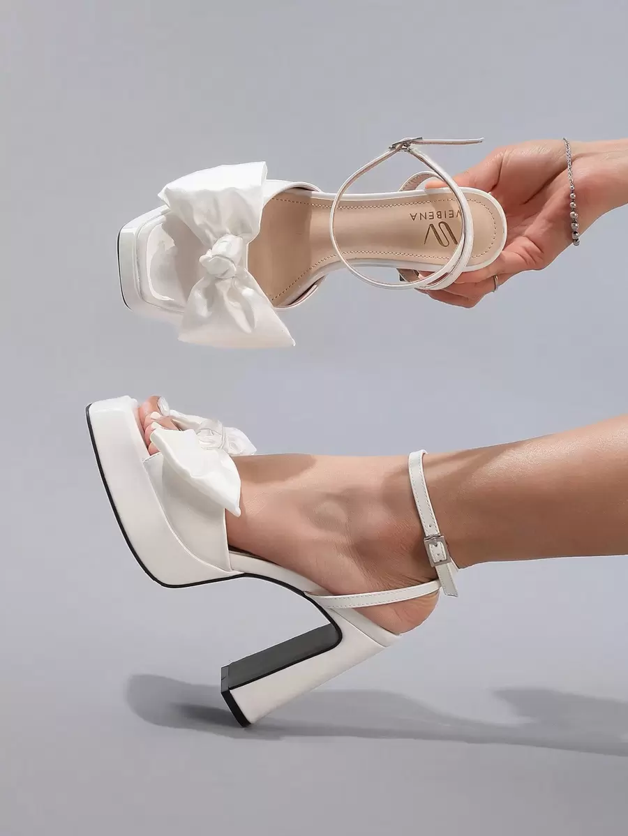 Women's Bowknot Waterproof Platform Sandals, Shiny PU Leather Thick Sole Open Toe Summer Wedding Party Square Toe Chunky High Heel Shoes, White - White - View 1