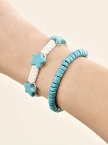 2 件套手工编织星形手链，波西米亚风格贝壳手链，时尚优雅串珠手链，可调节情侣手链，休闲百搭日常佩戴 - 彩色 - 查看 2