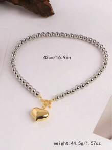 1pc Beaded Necklace, Women Heart Locket Pendant Necklace, Silver Bead & Heart Charm