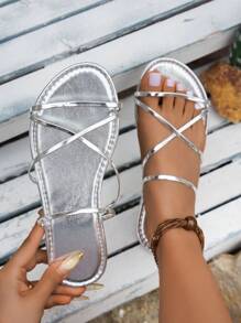 Women's Summer Fashion Versatile Butterfly Slide Sandals, Simple Solid Color Round Toe Flat Slippers For Indoor & Outdoor, Viral New Design - Silver - View 3