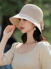 1pc Elegant Bowknot Decor Ladies Summer Bucket Hat, Breathable, Comfort, Wide Brim Sun Protection, Retro Lady Style, Foldable, Suitable For Everyday, Friend Gathering, Beach, Travel, Mother's Day Gift - A - View 3