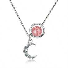1pc 925 Silver Minimalist Sweet Pink Strawberry Crystal Sun & Moon Necklace, Short Clavicle Chain Suitable For Daily Wear, Comes In Gift Box - Moon Necklace - View 1