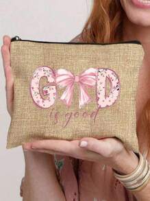 Khaki Tote Bag Two Pieces Set, Along With A Small Makeup Bag, "God" Letter Bow Zipper Women's Makeup Bag - Khaki - View 3