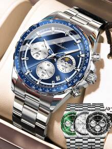 1pc Business Men's Stainless Steel Waterproof Luminous Quartz Watch With Date Display, Casual Men's Chronograph Wrist Watches For Men, Luxury Man Wristwatch Suitable For Work Occasion, Men's Gifts