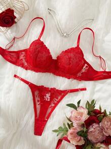 Style Dream 2pcs Women Sexy Lingerie Set, Red Lace Embroidered Wireless Bra With Adjustable Strap And Matching Panty, Seductive For Couples, Spring/Summer Ultrathin Bra - Red - View 1