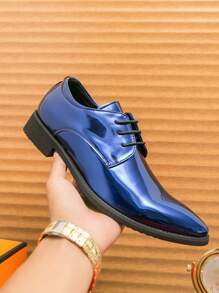 Men's British Style Pointed Toe Formal Dress Leather Shoes - Blue - View 13