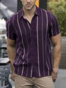 Men's Summer Geometric Stripes Light Business Fashion Casual Turn-Down Collar Short Sleeve Shirt.