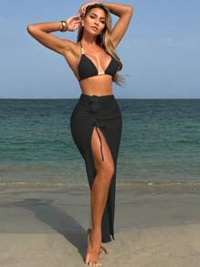 3pcs Women Knitted Beach Vacation Floral Cutout Triangle Bikini Set - View 4