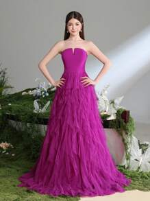 Teen Girl Elegant Strapless Party Prom Dress With Multi-Layer Mesh Hem - Hot Pink - View 4