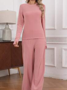 2 Pcs Pajama Set: Soft & Stretchy Milk Silk Women Home Suit, Comfortable Spring/Summer/Autumn Sleepwear, Two Pieces Set - Dusty Pink - View 7