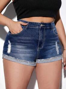 Pantalones Cortos de Mezclilla Desgastados y Elegantes para Mujer - Cintura Alta, Detalles Rasgados, Mezcla de Rayón No Elástico, Perfectos para Primavera/Verano - Azul - Ver 2