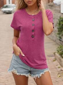 SANOPY Women's T-Shirts,Going Out Tops For Women,Blouses For Women Dressy Casual,Womens Crew Neck Short Sleeve Buttons Tops Basic Loose Fit Blouse - 玫瑰紅 - 查看 2