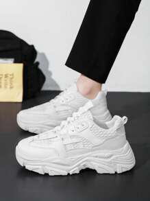 Men's Plus Size Solid Color Lace-Up Running Shoes, Casual Comfortable Non-Slip Walking Shoes With Hook And Loop Fasteners, Easy To Clean, Sports Campus Style Sneakers, Student Shoes - White - View 5