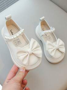1 Pair Children Fashion Flat Shoes, Infant Toddler Princess Style Bow Decor Adorable Princess Shoes,White Faux Pearl Dance Shoes, Lightweight Non-Slip Breathable Indoor & Outdoor Casual Shoes - Beige - View 3
