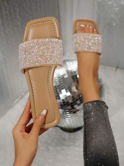 大码女式一脚蹬水钻装饰凉鞋，休闲户外塑料平底拖鞋