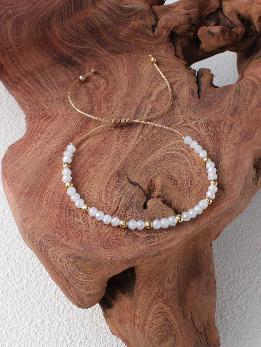 1pc Bohemian Crystal & Copper Beads Mixed Color Beaded Bracelet, Adjustable Fashion Woven Bracelet For Women